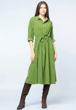 Rochie camasa din catifea reiata, verde olive, cu cordon in talie imagine