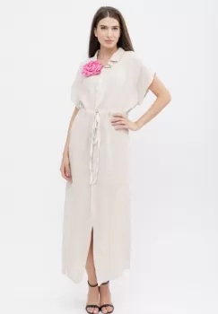 Rochie camasa, din in, cu snur in talie, bej imagine