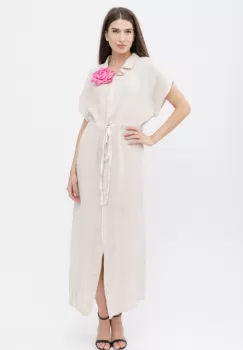 Rochie camasa, din in, cu snur in talie, bej imagine