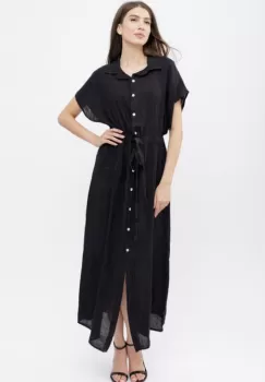 Rochie camasa, din in, cu snur in talie, neagra imagine