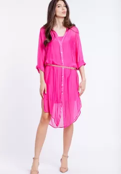 Rochie camasa din matase naturala fucsia, cu dublura imagine