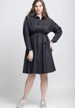 Rochie camasa din poplin satinat, cu siret in talie, neagra imagine