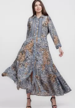 Rochie camasa, dublata, lunga, din batist de bumbac, cu imprimeu bleumarin-camel imagine