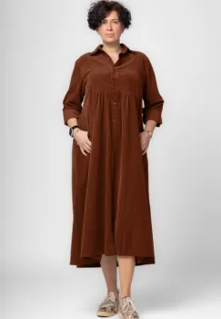 Rochie camasa maro ciocolata din catifea reiata, taiata in talie imagine