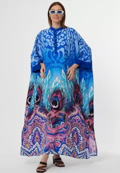 Rochie camasa oversize cu imprimeu paun, albastra imagine