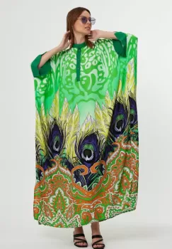 Rochie camasa oversize cu imprimeu paun, verde imagine