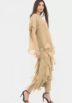 Rochie camel deschis din matase naturala cu volane franjurate suprapuse imagine