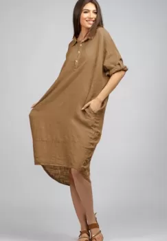 Rochie camel din in Stella Milani cu inel metalic pe spate imagine