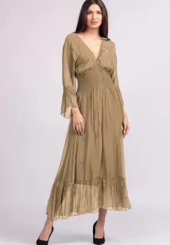 Rochie camel din matase naturala cu banda elastica in talie si volane imagine