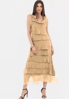 Rochie camel din matase naturala cu volane franjurate suprapuse, fara maneci imagine