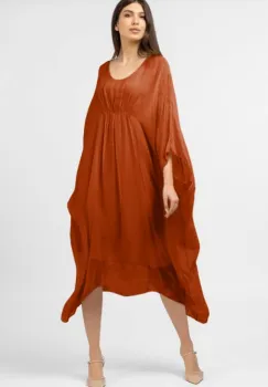 Rochie caramiziu intens in colturi, lunga, ampla, din matase naturala, cu detaliu sub bust imagine