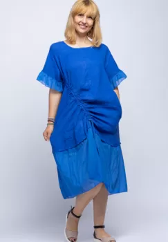 Rochie casual albastru electric din in, cu siret oblic si volan la maneci imagine