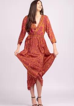 Rochie cu bust petrecut, din matase indiana, cu imprimeu oriental portocaliu-fucsia imagine