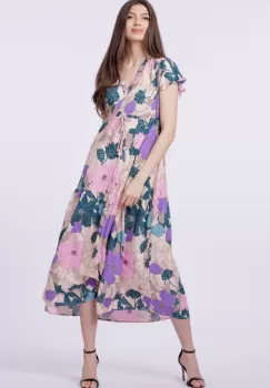 Rochie cu bust petrecut si imprimeu floral pe fond bej imagine