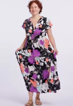 Rochie cu bust petrecut si imprimeu floral pe fond negru imagine
