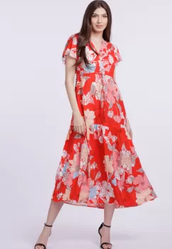 Rochie cu bust petrecut si imprimeu floral pe fond rosu imagine