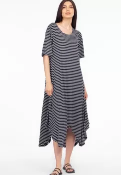 Rochie cu colturi rotunjite, din tricot de vascoza, imprimeu dungi alb-bleumarin imagine