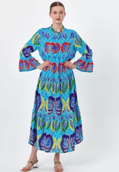 Rochie cu imprimeu boho pe fond albastru, din vascoza imagine