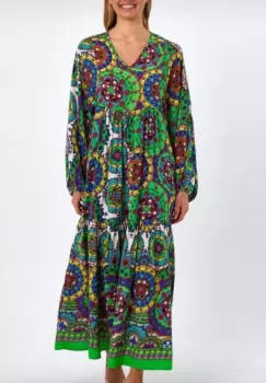 Rochie cu imprimeu mandale si maneci bufante, din vascoza, cu verde imagine