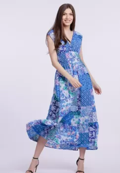 Rochie cu talia evidentiata si bust petrecut, imprimeu floral albastru imagine