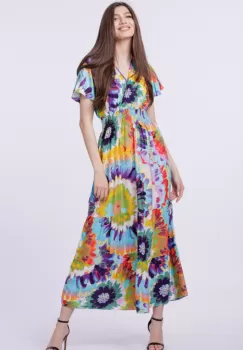 Rochie cu talia evidentiata si bust petrecut, imprimeu floral predominant turcoaz imagine