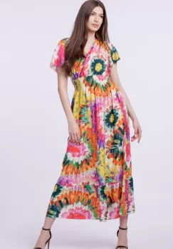 Rochie cu talia evidentiata si bust petrecut, imprimeu floral predominant verde-portocaliu imagine