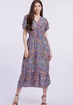 Rochie cu talia evidentiata si bust petrecut, imprimeu paisley pe fond albastru imagine