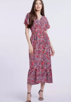 Rochie cu talia evidentiata si bust petrecut, imprimeu paisley pe fond rosu imagine