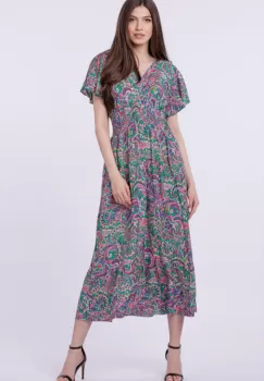 Rochie cu talia evidentiata si bust petrecut, imprimeu paisley pe fond verde imagine