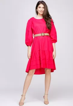 Rochie cu volan si curea din poplin de bumbac, fucsia imagine