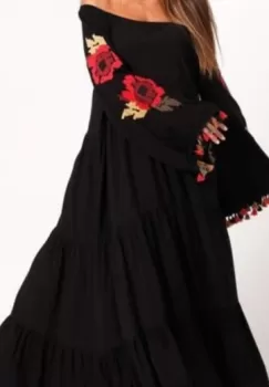 Rochie cu volane si broderie flori geometrizate pe maneci, din vascoza imagine