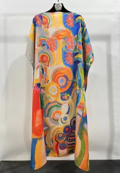 Rochie de plaja lunga tip poncho din matase cu cercuri si motive abstracte multicolore imagine