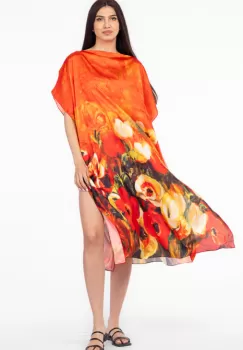 Rochie de plaja lunga tip poncho din matase cu imprimeu floral pe fond portocaliu imagine