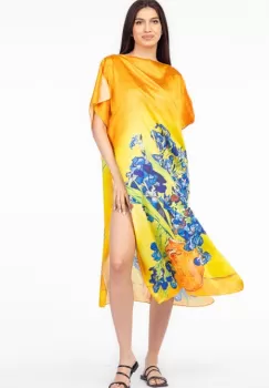 Rochie de plaja lunga tip poncho din matase cu imprimeu inspirat din pictura Irisi a lui Vincent Van Gogh imagine