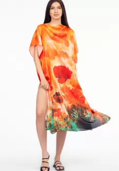 Rochie de plaja lunga tip poncho din matase cu imprimeu maci pe fond portocaliu imagine