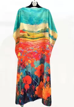 Rochie de plaja lunga tip poncho din matase cu peisaj cu maci stilizati pe fond albastru imagine