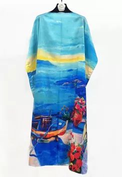 Rochie de plaja lunga tip poncho din matase cu peisaj marin pe fond albastru imagine