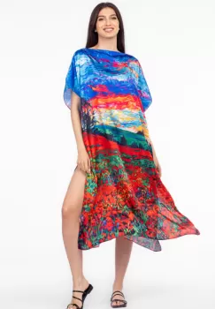 Rochie de plaja lunga tip poncho din matase cu pictura camp de maci si cer albastru imagine