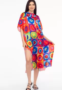 Rochie de plaja lunga tip poncho din matase cu reproducere dupa Kandinski imagine