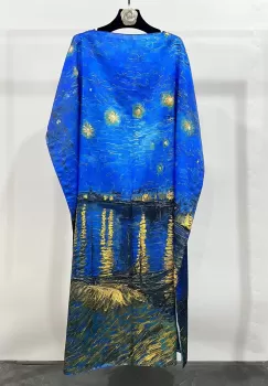 Rochie de plaja lunga tip poncho din matase cu reproducere dupa Noapte Instelata deasupra Rhonului de Claude Monet imagine