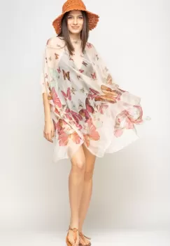 Rochie de plaja tip poncho cu fluturi pe fond bej, vascoza si matase imagine