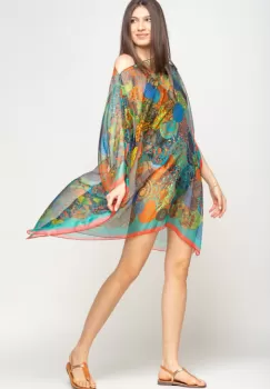 Rochie de plaja tip poncho cu mandale multicolore si margine corai cu turcoaz, matase si vascoza imagine