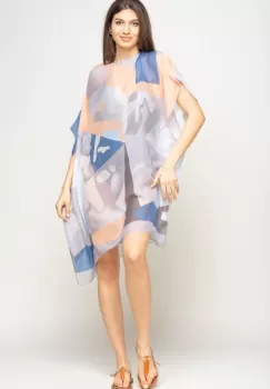 Rochie de plaja tip poncho cu model abstract in nuante de gri, albastru si bleu , vascoza imagine