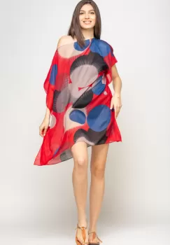 Rochie de plaja tip poncho cu model circular in nuante de rosu, negru si albstru, vascoza imagine