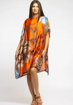 Rochie de plaja tip poncho din matase cu imprimeu abstract pe fond portocaliu imagine