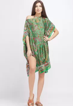 Rochie de plaja tip poncho din matase cu imprimeu paisley pe fond verde imagine
