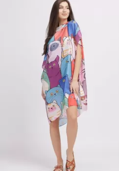Rochie de plaja tip poncho din matase cu imprimeu pisici multicolore imagine