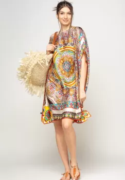 Rochie de plaja tip poncho din matase cu mandala centrala in chenar bej si caramiziu imagine