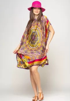 Rochie de plaja tip poncho din matase cu mandala centrala in chenar fucsia si mov imagine
