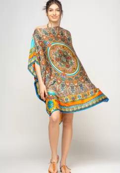 Rochie de plaja tip poncho din matase cu mandala centrala in chenar portocaliu si albastru imagine